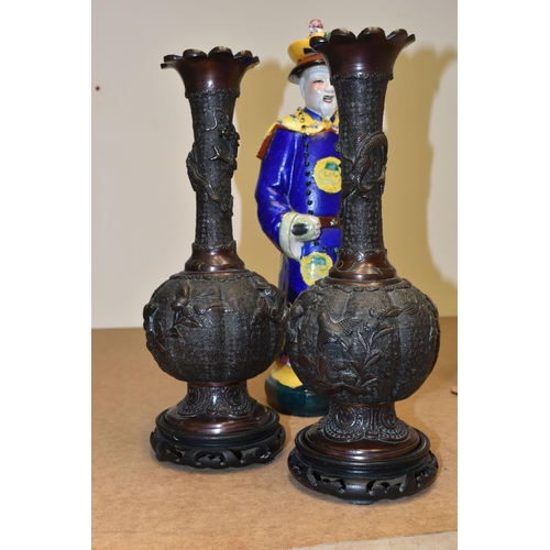 507 - A PAIR OF ORIENTAL BRONZED VASES, together with a Chinese Emperor figure, height 46cm, impressed Chi... 