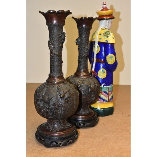 507 - A PAIR OF ORIENTAL BRONZED VASES, together with a Chinese Emperor figure, height 46cm, impressed Chi... 