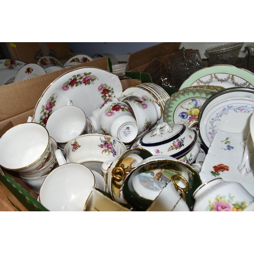 510 - FIVE BOXES OF GLASSWARE, CERAMICS AND TEA WARE, to include an assortment of dinner and tea ware, a M... 