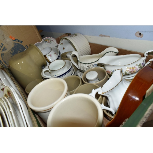 510 - FIVE BOXES OF GLASSWARE, CERAMICS AND TEA WARE, to include an assortment of dinner and tea ware, a M... 