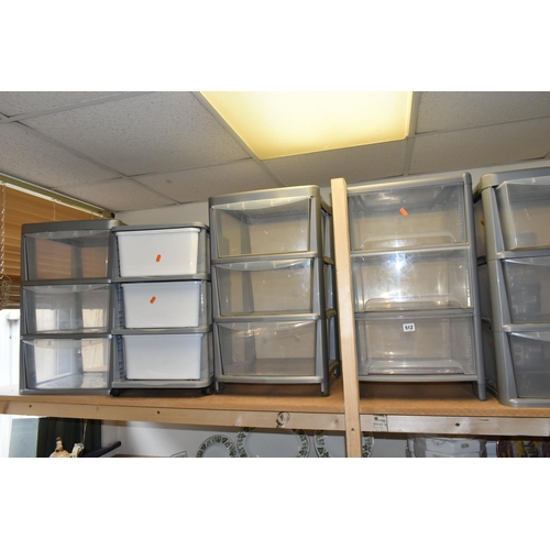 512 - A QUANTITY OF PLASTIC STORAGE CONTAINERS, comprising six three drawer units and five separate lidded... 