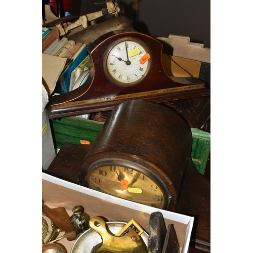 530 - TWO BOXES AND LOOSE CLOCKS, BOOKS, EPHEMERA, VINTAGE LUGGAGE AND SUNDRY ITEMS, to include two wooden... 