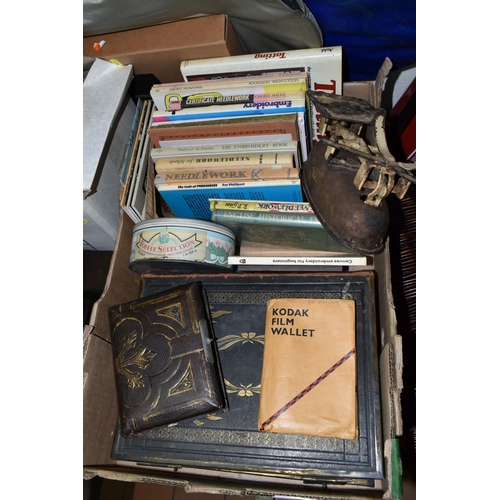 530 - TWO BOXES AND LOOSE CLOCKS, BOOKS, EPHEMERA, VINTAGE LUGGAGE AND SUNDRY ITEMS, to include two wooden... 