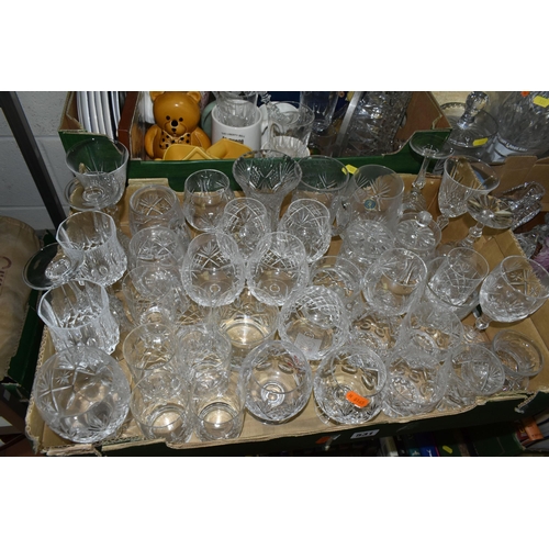 531 - THREE BOXES AND LOOSE CERAMICS AND GLASS WARES, to include cut crystal drinking glasses, vases and o... 