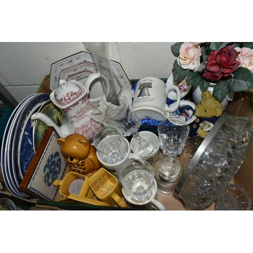 531 - THREE BOXES AND LOOSE CERAMICS AND GLASS WARES, to include cut crystal drinking glasses, vases and o... 