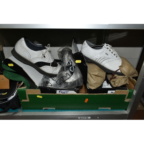 536 - FIVE BOXES AND LOOSE GOLFING INTEREST, to include five pairs of golf shoes UK size 9.5 - 10 (some un... 