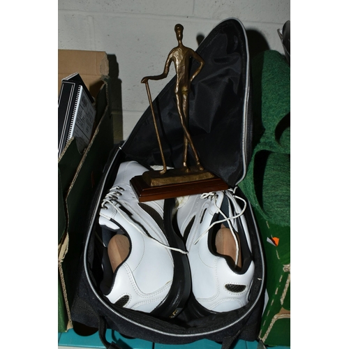 536 - FIVE BOXES AND LOOSE GOLFING INTEREST, to include five pairs of golf shoes UK size 9.5 - 10 (some un... 