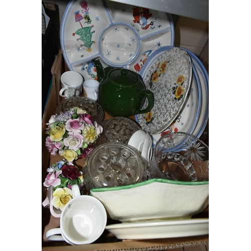 538 - SEVEN BOXES AND LOOSE CERAMICS, GLASS, COOKWARES, BOOKS AND SUNDRY ITEMS, to include a modern copper... 