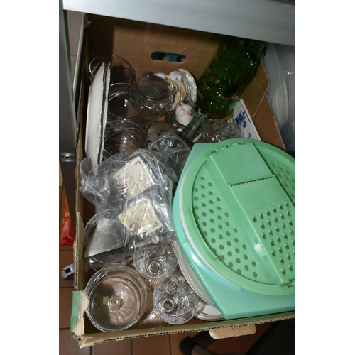 540 - FOUR BOXES AND LOOSE CERAMICS, GLASS, METALWARES AND SUNDRY ITEMS, to include a seventeen piece Newh... 