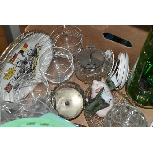 540 - FOUR BOXES AND LOOSE CERAMICS, GLASS, METALWARES AND SUNDRY ITEMS, to include a seventeen piece Newh... 