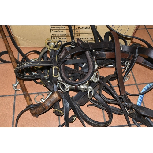 549 - ONE BOX OF LEATHER HORSE BRIDLES, STIRRUPS, BITS AND WHIPS, to include solid nickel bits, maker's na... 