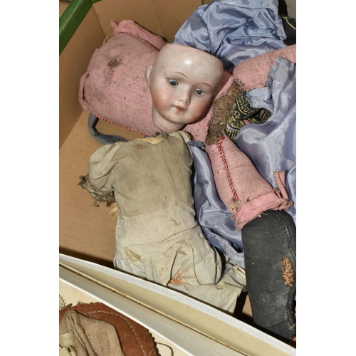 555 - TWO BOXES OF BISQUE HEAD DOLLS, EARLY 20TH CENTURY PORCELAIN HALF DOLLS AND OTHER DOLLS AND ACCESSOR... 