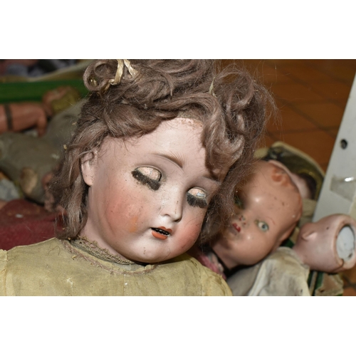 555 - TWO BOXES OF BISQUE HEAD DOLLS, EARLY 20TH CENTURY PORCELAIN HALF DOLLS AND OTHER DOLLS AND ACCESSOR... 