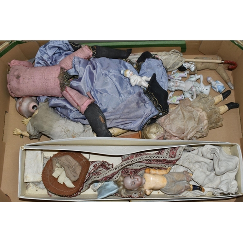 555 - TWO BOXES OF BISQUE HEAD DOLLS, EARLY 20TH CENTURY PORCELAIN HALF DOLLS AND OTHER DOLLS AND ACCESSOR... 