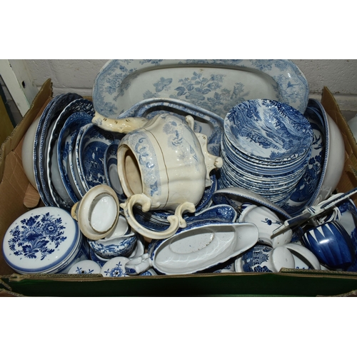 556 - FOUR BOXES OF EARLY 20TH CENTURY BLUE AND WHITE CERAMICS, comprising a large quantity of plates, mea... 