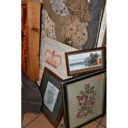 557 - A COLLECTION OF FRAMED TAPESTRY WORK, comprising classic 1970's designs, two working frames, an oval... 