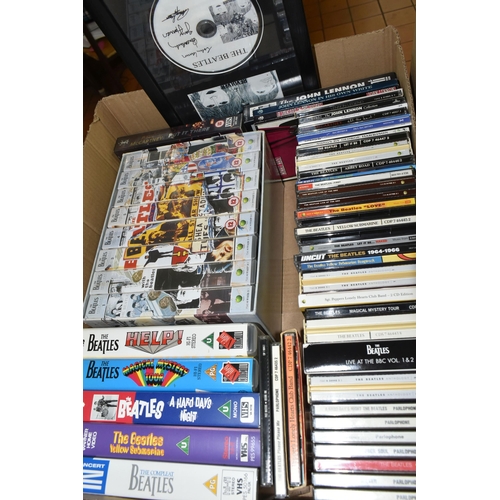 560 - TWO TRAYS AND A CASE CONTAINING LPs, SINGLES CDs AND VHS TAPES FROM THE BEATLES AND CONTRIBUTING ART... 