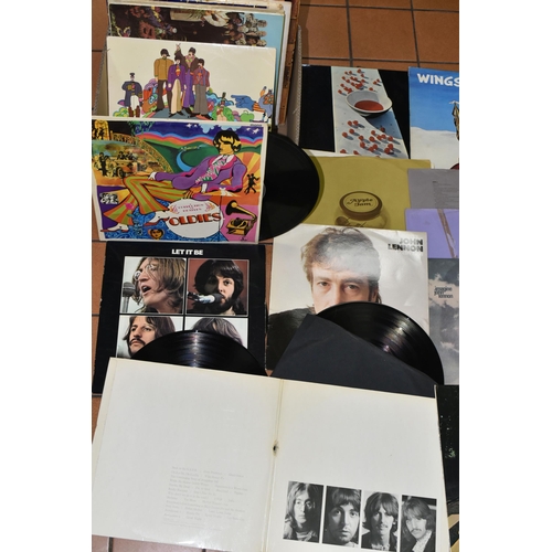 560 - TWO TRAYS AND A CASE CONTAINING LPs, SINGLES CDs AND VHS TAPES FROM THE BEATLES AND CONTRIBUTING ART... 