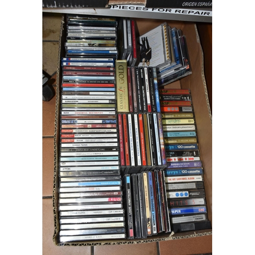 573 - FIVE TRAYS AND A CASE CONTAINING MUSIC AND FILM ON DIFFERENT FORMATS including LPs, 7in singles, Cas... 