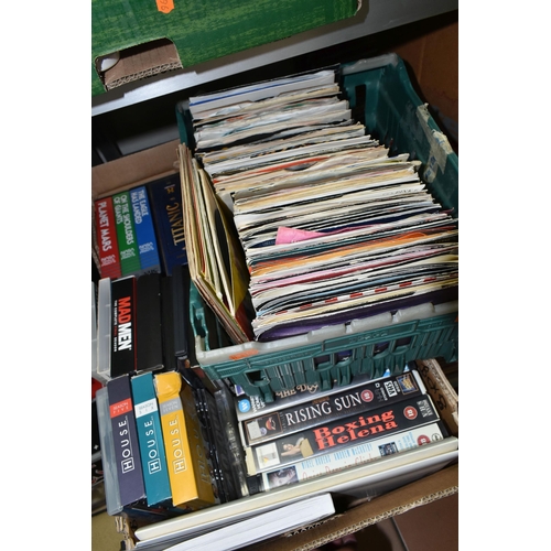 573 - FIVE TRAYS AND A CASE CONTAINING MUSIC AND FILM ON DIFFERENT FORMATS including LPs, 7in singles, Cas... 