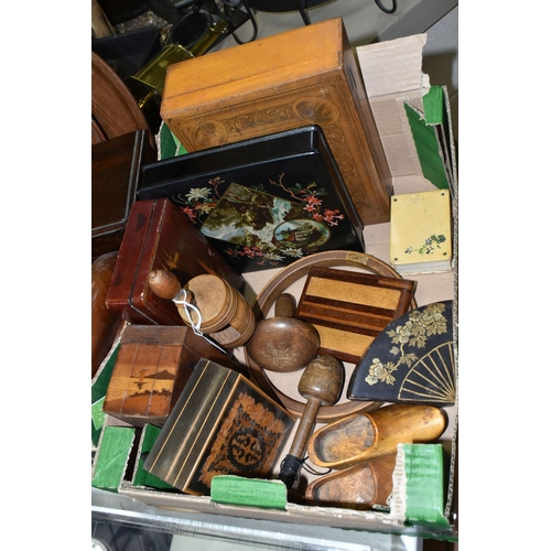 582 - TWO BOXES OF WOODEN BOXES AND OTHER ITEMS OF TREEN, to include a Japanese inlaid cigarette box, a ja... 