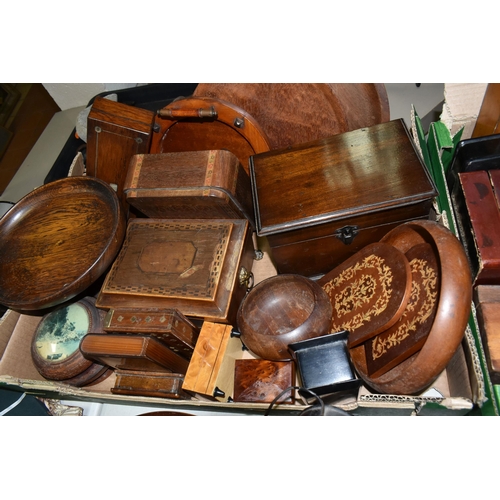 582 - TWO BOXES OF WOODEN BOXES AND OTHER ITEMS OF TREEN, to include a Japanese inlaid cigarette box, a ja... 