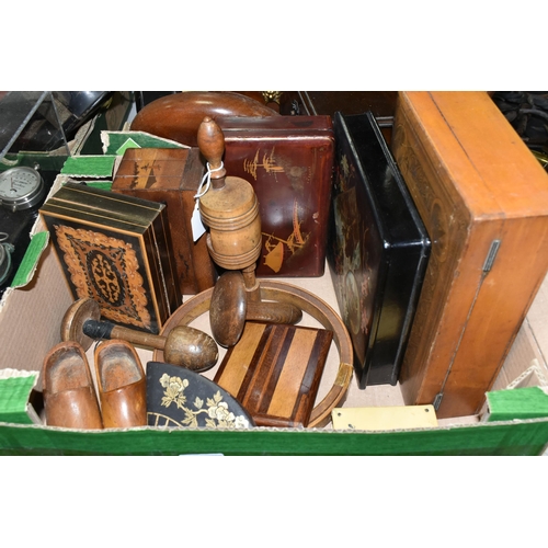 582 - TWO BOXES OF WOODEN BOXES AND OTHER ITEMS OF TREEN, to include a Japanese inlaid cigarette box, a ja... 