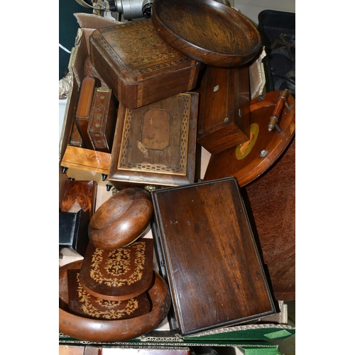 582 - TWO BOXES OF WOODEN BOXES AND OTHER ITEMS OF TREEN, to include a Japanese inlaid cigarette box, a ja... 