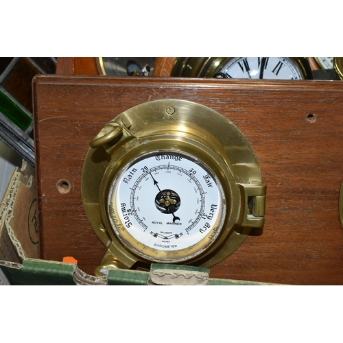 583 - A BOX OF CLOCKS, BAROMETERS, LAMP AND SUNDRY ITEMS,  to include a J Barker & Co Ltd circular wall ba... 