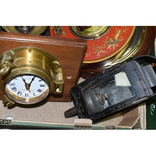 583 - A BOX OF CLOCKS, BAROMETERS, LAMP AND SUNDRY ITEMS,  to include a J Barker & Co Ltd circular wall ba... 