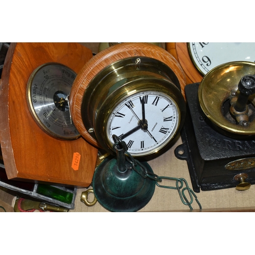 583 - A BOX OF CLOCKS, BAROMETERS, LAMP AND SUNDRY ITEMS,  to include a J Barker & Co Ltd circular wall ba... 