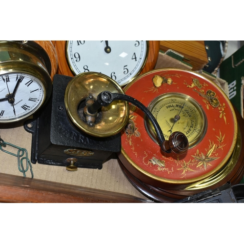 583 - A BOX OF CLOCKS, BAROMETERS, LAMP AND SUNDRY ITEMS,  to include a J Barker & Co Ltd circular wall ba... 