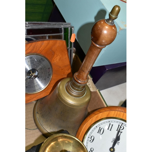 583 - A BOX OF CLOCKS, BAROMETERS, LAMP AND SUNDRY ITEMS,  to include a J Barker & Co Ltd circular wall ba... 