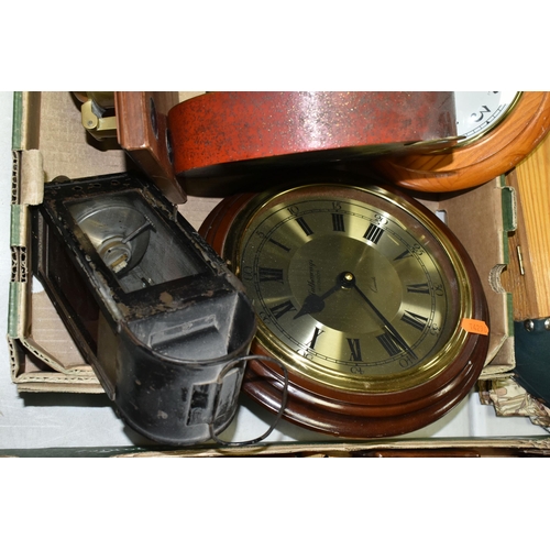 583 - A BOX OF CLOCKS, BAROMETERS, LAMP AND SUNDRY ITEMS,  to include a J Barker & Co Ltd circular wall ba... 