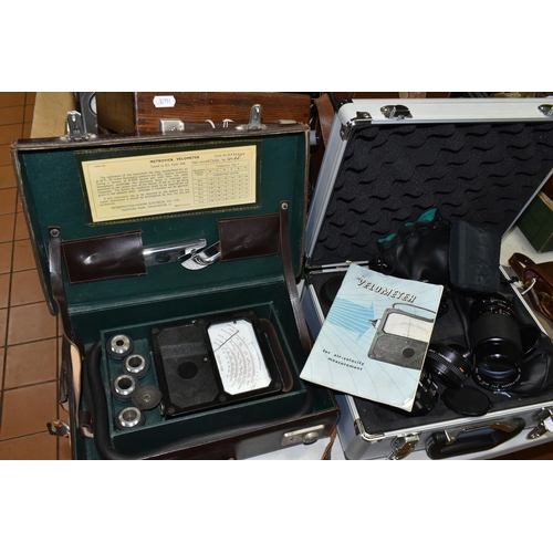 586 - A TRAY AND THREE CASES CONTAINING TEST EQUIPMENT AND CAMERA LENSES including a Baty No1 Lindley Exte... 