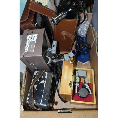 586 - A TRAY AND THREE CASES CONTAINING TEST EQUIPMENT AND CAMERA LENSES including a Baty No1 Lindley Exte... 