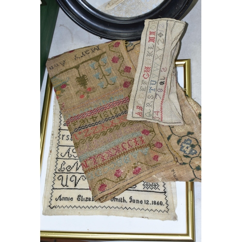 590 - A GROUP OF 19TH CENTURY SAMPLERS, comprising  two circular framed and glazed samples of early lacema... 