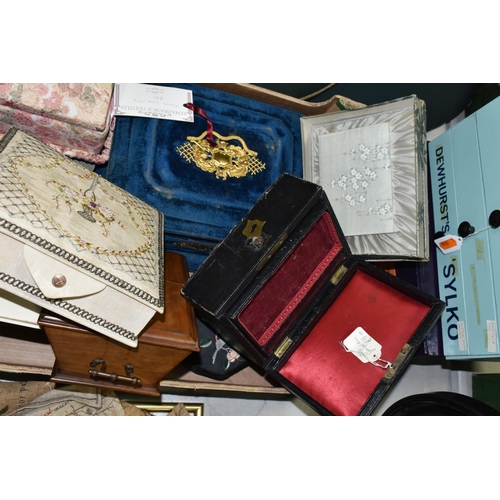 592 - A COLLECTION OF SEWING AND JEWELLERY BOXES, to include a Dewhurst's Silko shop display box, a Trylko... 