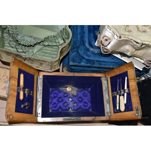 592 - A COLLECTION OF SEWING AND JEWELLERY BOXES, to include a Dewhurst's Silko shop display box, a Trylko... 