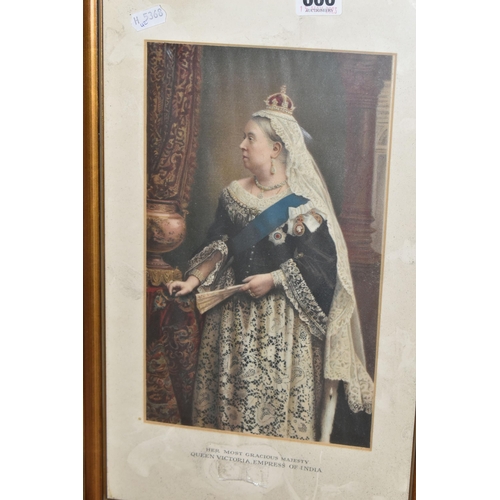 600 - A 19th CENTURY COLOUR PRINT DEPICTING QUEEN VICTORIA, approximate size 29cm x 17cm, titled to the mo... 