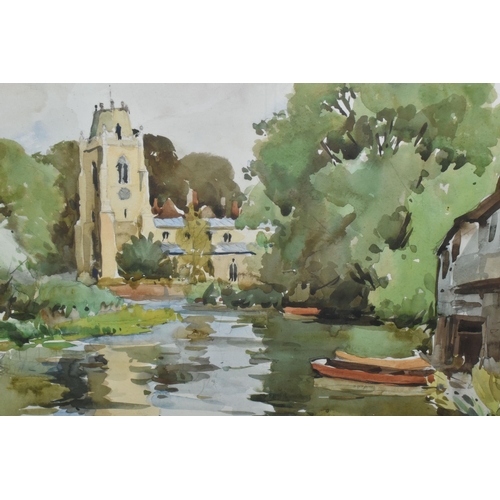 601 - EDWARD WESSON (BRITISH 1910-1983) A RIVER LANDSCAPE WITH CHURCH, depicting a view up a river with bo... 