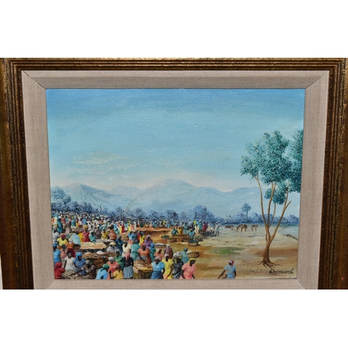 605 - GALLAND SEMERAND (HAITI 1953) A MARKET SCENE, signed bottom right, signed and dated 83 verso, oil on... 