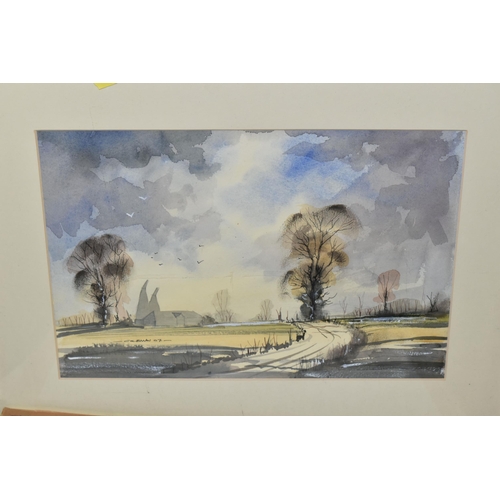 606 - A SMALL QUANTITY OF PAINTINGS AND PRINTS ETC, to include three watercolours depicting Suffolk landsc... 