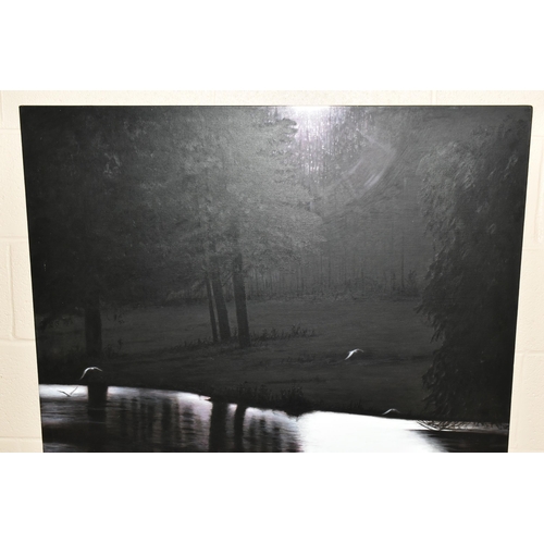 607 - JOHN MOULD (BRITISH 1958) 'BLACK AND LIGHT No5', a moonlight water landscape with silhouetted trees ... 