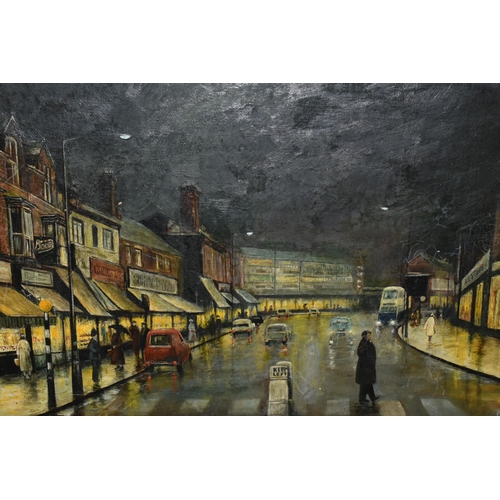 608 - A. WILSON (MID 20TH CENTURY) 'ACOCKS GREEN VILLAGE 1950', a Birmingham suburb at night, signed and d... 