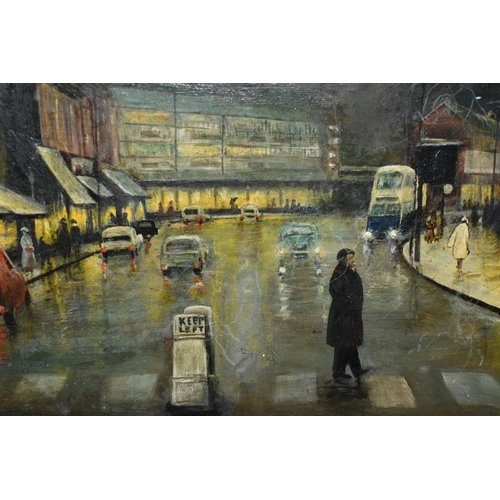 608 - A. WILSON (MID 20TH CENTURY) 'ACOCKS GREEN VILLAGE 1950', a Birmingham suburb at night, signed and d... 