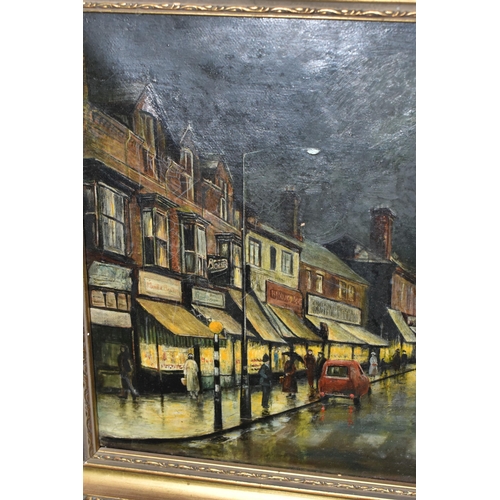 608 - A. WILSON (MID 20TH CENTURY) 'ACOCKS GREEN VILLAGE 1950', a Birmingham suburb at night, signed and d... 