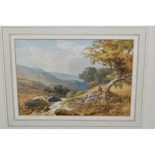 609 - JOHN HENRY MOLE (1814-1886) AN ANGLER SITS OF THE BANKS OF A SMALL STREAM, a flock of sheep to the h... 