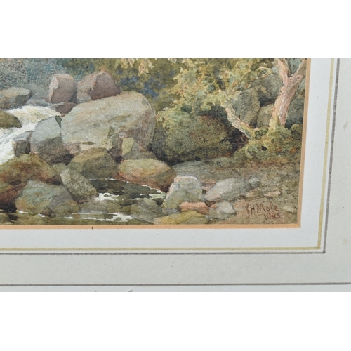 610 - JOHN HENRY MOLE (1814-1886) A PICTURESQUE RIVER LANDSCAPE, signed and dated 1885 bottom right, water... 