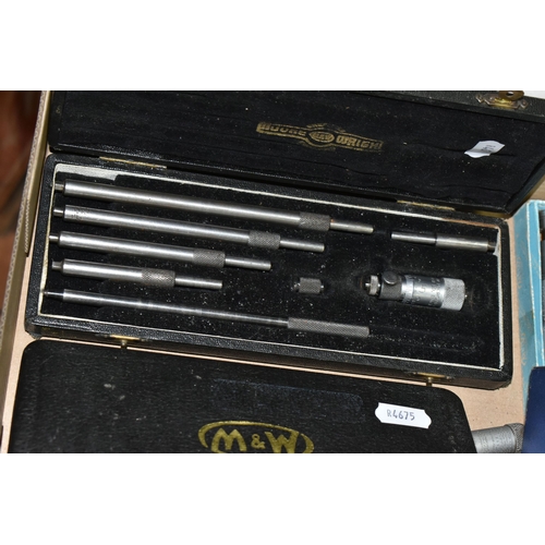 618 - A BOX OF PRECISION MEASURING INSTRUMENTS ETC, comprising two Moore & Wright external micrometres, tw... 